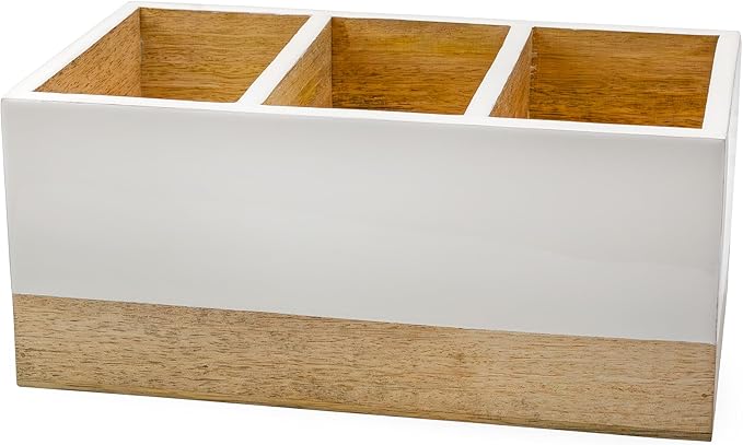 AuldHome Design Wood/Enamel Utensil Holder, Mango Wood 3-Compartment Farmhouse Cooking Caddy or Spoons/Forks/Knives Storage