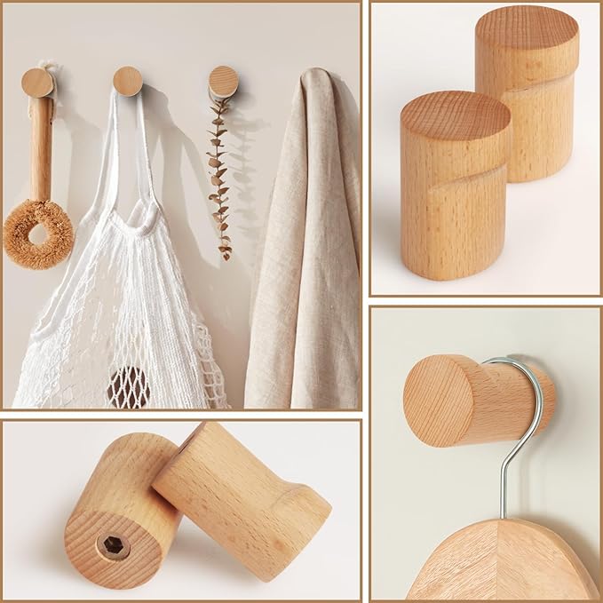 4 Pack Wood Hooks Wooden Coat Hat Hooks Natural Modern Home Decorative No Damage Adhesive for Bathroom Entryway Wall Towels Wallets Clothes Space Saving Gift (Beech)