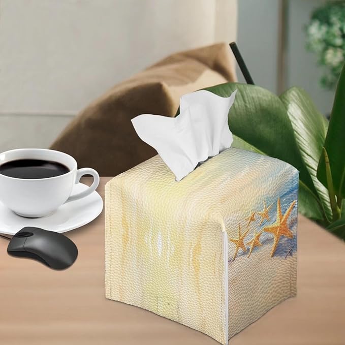 Beach Starfish Tissue Box Covers Foldable Square Facial Tissue Case Waterproof Facial Paper Organizers Dispenser for Bathroom Night Stand