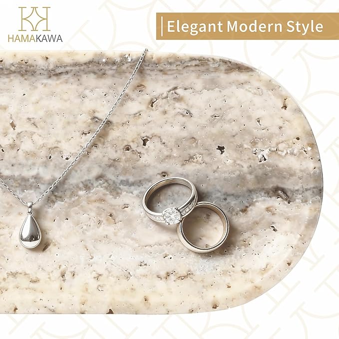 Bathroom Vanity Tray, Natural Marble Oval Tray 10 inch, GreyTravertine Vanity Tray for Soap Dispenser Modern Countertop Organizer for Kitchen Countertops, Home Decor