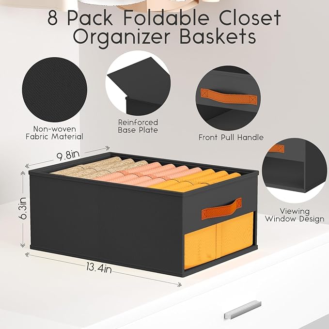 Drawer Organizers and Storage - 8 Pack Foldable Pants Organizer with Clear Window & Handles, Fabric Closet Organizer for Clothes, Jeans, Sweaters, Towels, T-shirt, Scarf (Black)