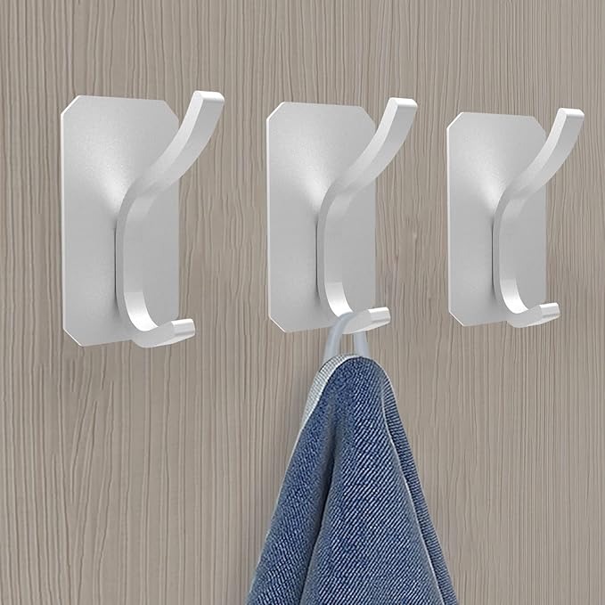 PMMASTO Self-Adhesive Towel Hooks - Sticky Heavy Duty Wall Robe Coat Hook for Hanging- Shower Hooks (Silver, “ K ”Shape 6PC)