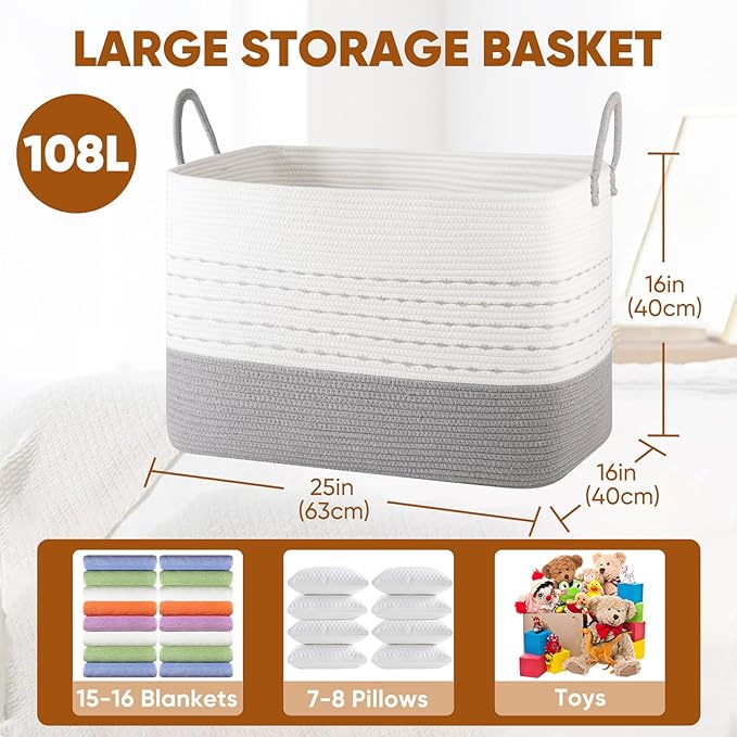 XXL Large Blanket Basket for Living Room, 108L Woven Storage Baskets for Organizing, Rectangle Cotton Rope Basket Toy Chest With Handles-Grey & White