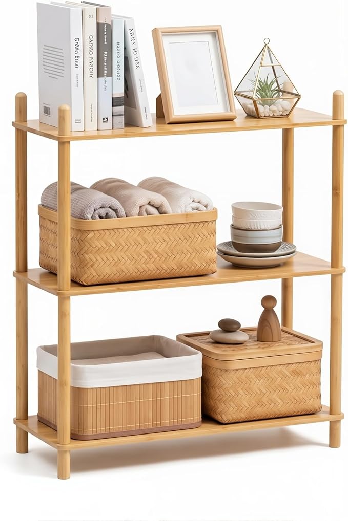3-Tier Expandable Freestanding Open Bamboo Book Shelf - No-Tool Assembly & Modular,Bathroom Storage Shelf Unit Plant Stand for Small Space, Bedroom, Living Room, Home Office