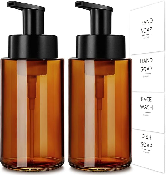 Amber Foam Soap Dispenser, 10 oz/300ml Glass Foaming Soap Dispenser, 2 Pcs Foaming Hand Dispenser for Bathroom & Kitchen, Refillable Bottle with Waterproof Labels