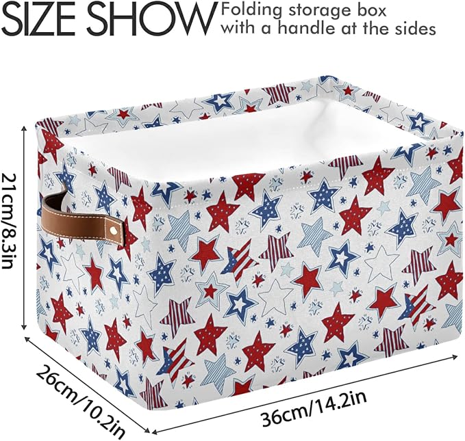 Bolaz Large Storage Basket White American Flag Usa Stars Foldable Storage Box Organizer Bins with Handles for Bedroom Home Office