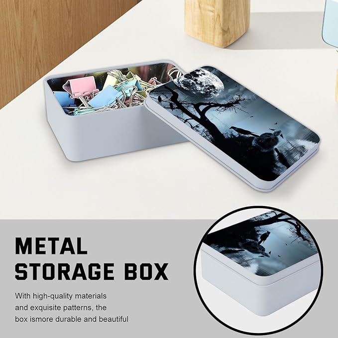 Metal Tin Box with Lid,Multi-functional Storage Large Box Can Store Tea Biscuits Game Cards, Playing & Tarot Cards-Comes with 4 Magnetic Cord Clips,Raven Moonlight Scene