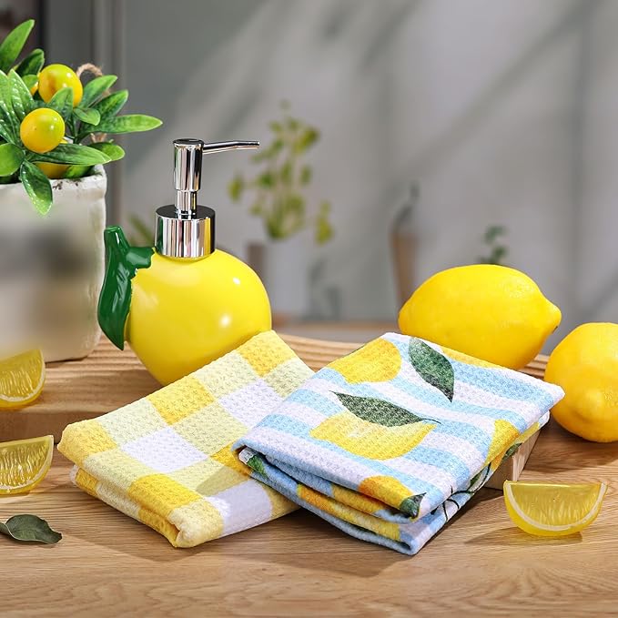 4 Pcs Lemon Soap Dispenser for Kitchen and Bathroom Lemon Lotion Dispenser with Kitchen Towels Box for Bathroom Summer Decor Gift