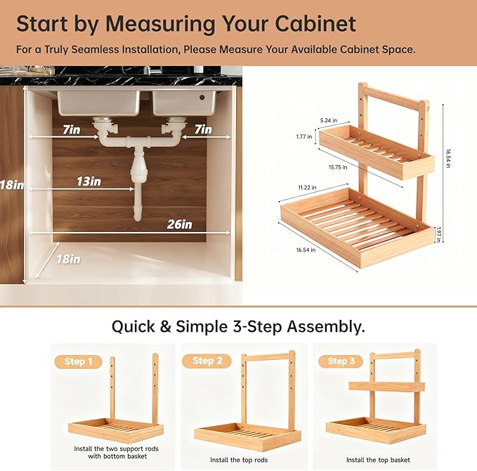 2-Tier Under Sink Pull Out Organizer, Bamboo Cabinet Storage Shelf with Adjustable Height, 9 Inch White Slide Out for Kitchen Bathroom Pantry