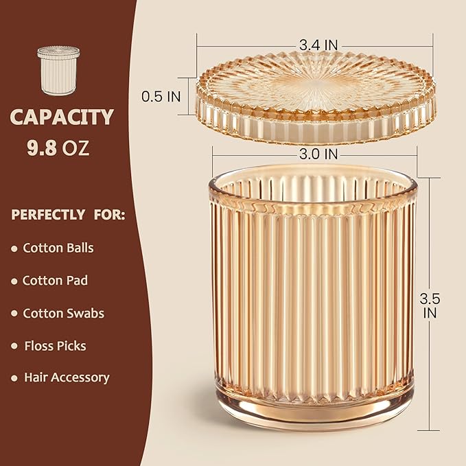 Qtip Holder for Bathroom set of 2,Bathroom Canisters with Lids,Clear Glass Apothecary Jars for Cotton Balls,Swabs,Floss Picks,Hair Ties,Vanity Organizer and Storage,Vintage Home Decor (Amber)