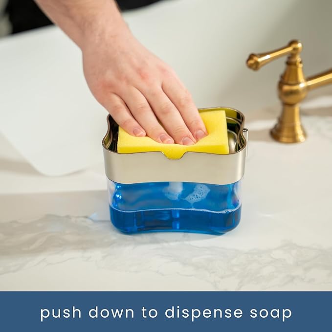 S&T INC. Dish Soap Dispenser and Sponge Holder for Kitchen Sink, Sponge Included, 13 Ounces, Metallic Silver