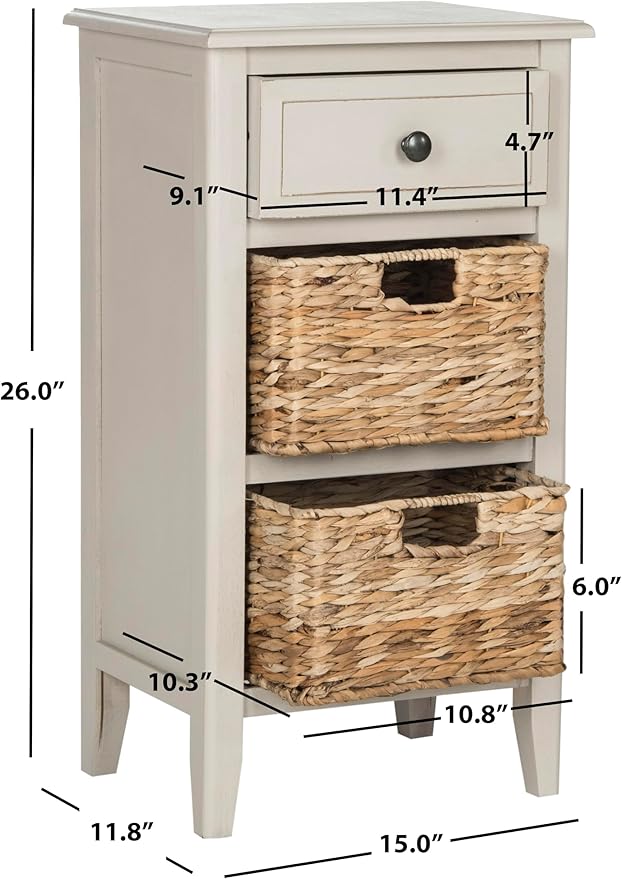 SAFAVIEH Home Collection â Everly Vintage Grey 3-Drawer Side Table with Woven Basket Storage, Fully Assembled Farmhouse Accent Table (AMH5743D)