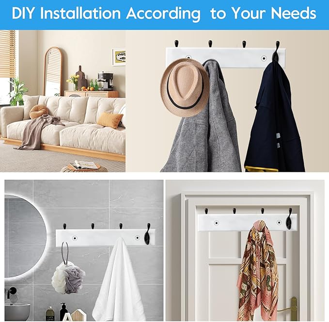 HOME MASTER HARDWARE Coat Rack Wall Mount White, MDF Wall Mounted Coat Hooks for Hanging Coats, 16" Hat Rack for Wall with 4 Matte Black Hooks