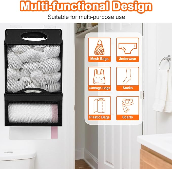 Plastic Bag Holder for Grocery Bags - Large Wall Mount Grocery Bag Holder with Dispenser for Kitchen, Oxford Cloth 2-in-1 Space-saving Plastic Bags Organizer, Black