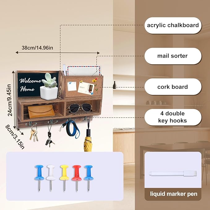 comfoyar Key Holder for Wall, Mail Organizer Wall Mount with Cork Board Bulletin Board, Key Rack with 4 Double Key Hooks and Shelf Storage, Dog Leash Holder for Entryway Rustic Home Decor, Brown