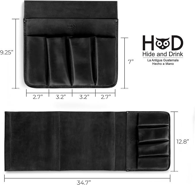 Hide & Drink, Magazine Holder for Sofa Armrest, Organizer Pouch, Armchair Caddy, Full Grain Leather, Handmade (Charcoal Black)