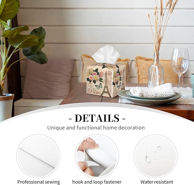 Vintage Paris with Rose Tissue Box Cover Leather Tissue Box Holder Square Facial Paper Organizer Dispenser for Bathroom Kitchen Bedroom Vanity Countertop Night Stands