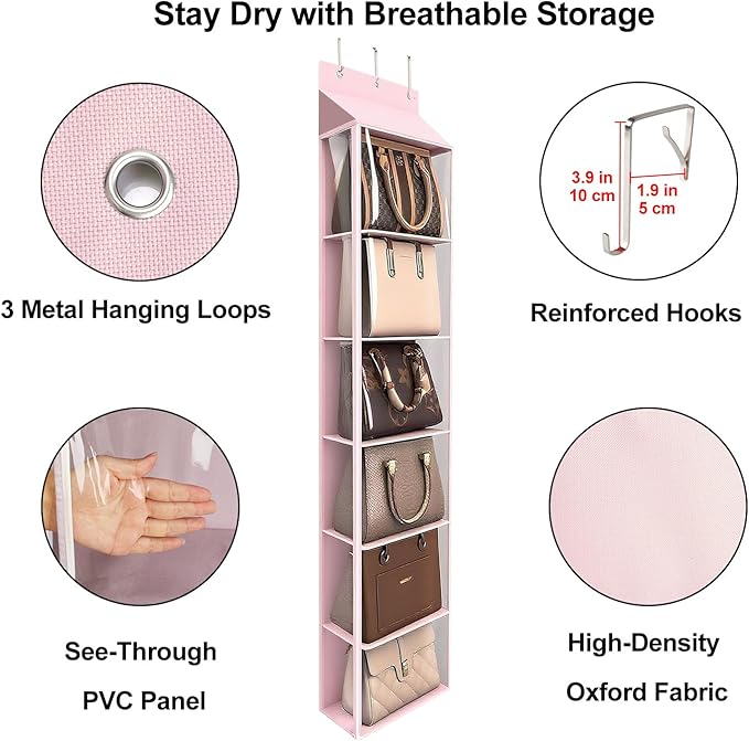 Lirex Over The Door Purse Organizer & Purse Shelf for Closet – Handbag Storage Organizer with Purse Hanger. Perfect for Scarves, Hats, and Leggings. S (11.8'' x 5'' x 51.6''), Pink
