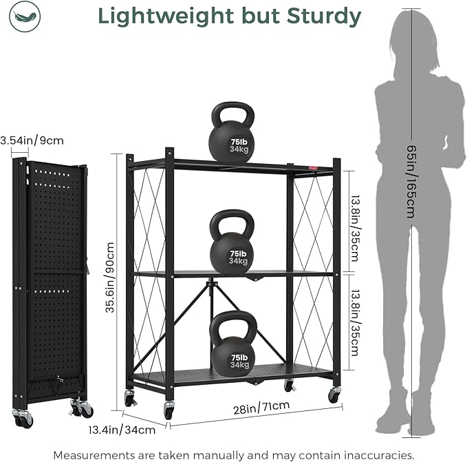 DEANIC 3 Tier Foldable Storage Shelves with Wheels, Kitchen Appliance Stand, Freestanding Metal Wire Shelf Rack, No Assembly Organizer Rolling Cart for Garage, Basement, Pantry (Black)