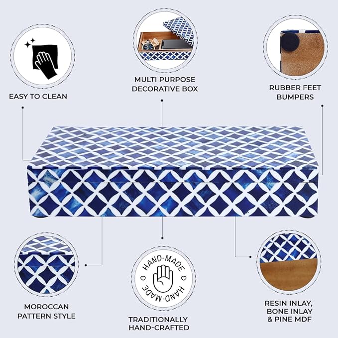 Handicrafts Home Large Decorative Storage Box with Lid â 12x6x5â Coffee Table Organizer, Keepsake- Decorative Boxes for Home Decor, Stylish Decorative Box for Office Decor- Blue White Star