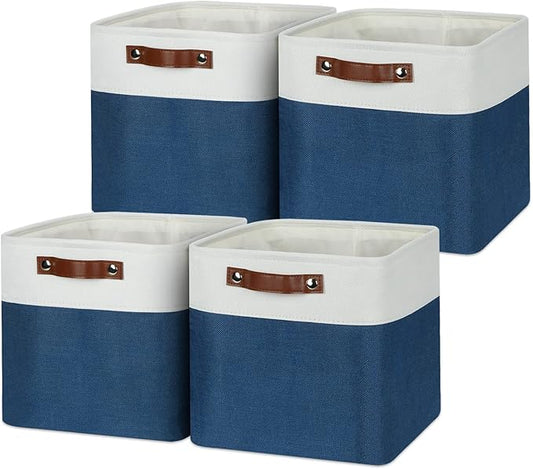 Temary Fabric Storage Cubes 11x11 Cube Storage Bins 4Pack Blue Storage Baskets for Organizing Home, Closet, Empty Gift Baskets with Handles (White&Blue)