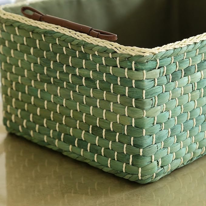 Baskets Woven Maize Straw Storage Bins with Handle (Medium, Green)
