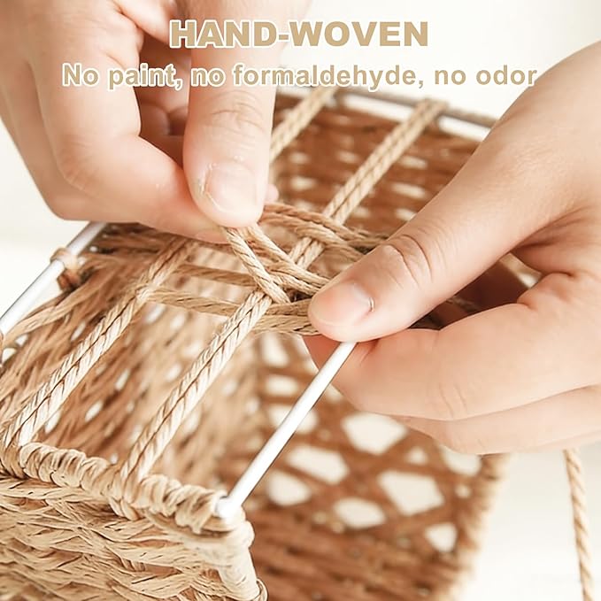 Large Wicker Storage Basket with Liner, Hand-Woven Paper Rope Rattan Organizer Bin for Pantry, Countertop, Bathroom, Bedroom, Shelves (Beige, L)