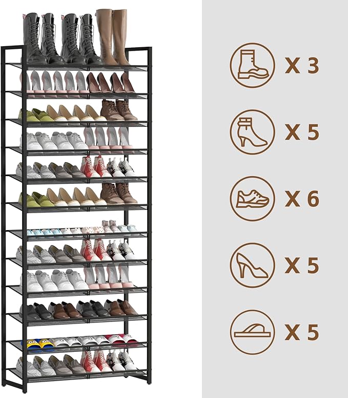 Shoe Rack, 12-Tier Metal Shoe Organizer, Tall Shoe Rack for Closet,entryway,Garage, with Adjustable Flat or Angled Shelves, 52-60 Pairs,Shoes That can accommodate The Whole Family.