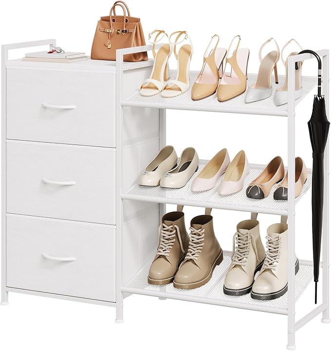 Somdot Shoe Rack, 3 Tier Shoe Organizer with 3 Drawers, Metal Shoe Storage Shelf for 6-9 Pairs of Shoes, Narrow Shoe Rack for entryway, White Leather