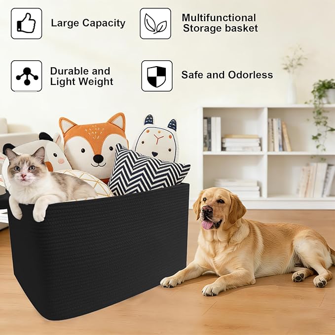 Magazine & Newspaper Baskets,Large Woven Rope Blanket Basket,24"x16"x15"Storage Bin with Handle,Toys Storage,Laundry Basket for Home Organization/Living Room/Nursery/Bedroom,Black