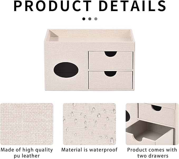 Square Tissue Box Cover with Drawers,Tissue Box Holder with Storage Tray, Makeup Organizer and Desk Organizer,Tissue Holders Decorative for Bathroom Vanity NightStand Dressing Table (Beige)