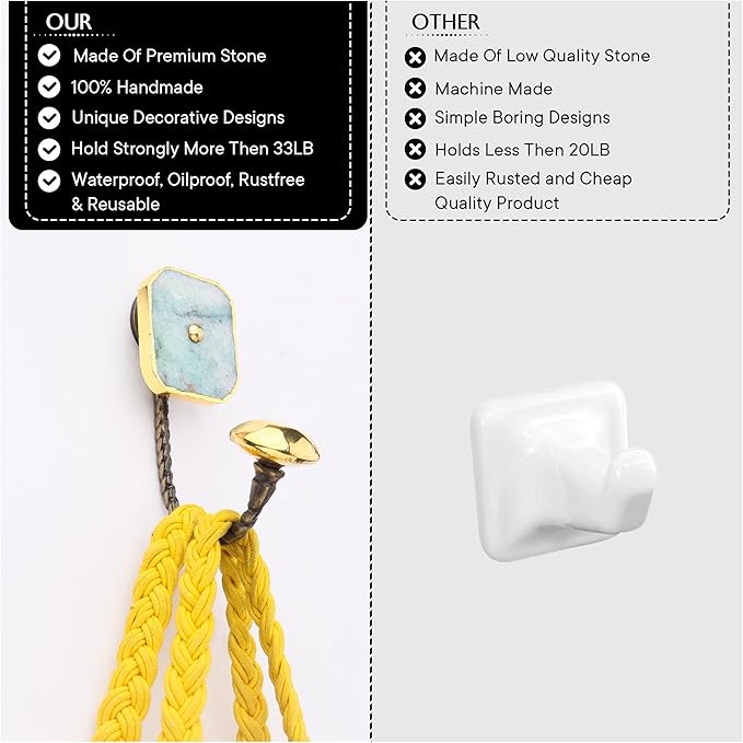 Indian Shelf Pack of 6 Stone Wall Hooks Decorative Modern - Multicolor Agate Coat Hook Wall Mounted - Stone Decorative Towel Hooks for Bathrooms - Agate Wall Key Hooks