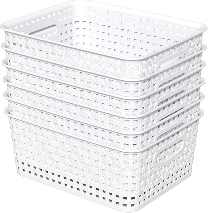 6-Pack Woven Plastic Storage Baskets, White Pantry Plastic Baskets