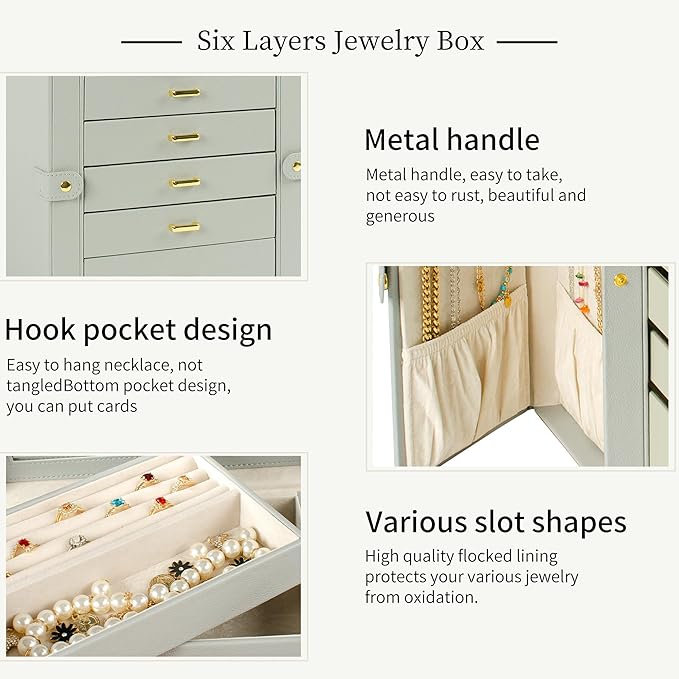 AKOZLIN Large Jewelry Box Organizer Functional with Big Mirror, Leather Jewelry Storage Case for Women Girls Ring Necklace Earring Bracelet Holder Organizer Grey