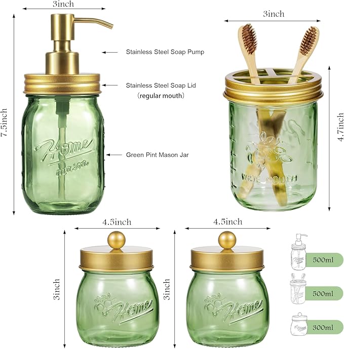 Amolliar Green Bathroom Accessories Set, 4Pcs Mason Jar Glass Bathroom Set, Lotion Soap Dispenser, Toothbrush Holder, 2 Qtip Holders, Rustic Farmhouse Bathroom Decor, Countertop Vanity Organizer, Gold