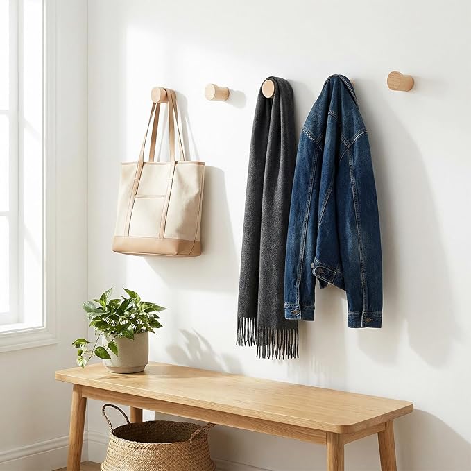 4Pcs Natural Wooden Wall Hooks Solid Wood Hangers Hooks Rustic Wooden Coat Hat Hooks for Entryway Bathroom Wall