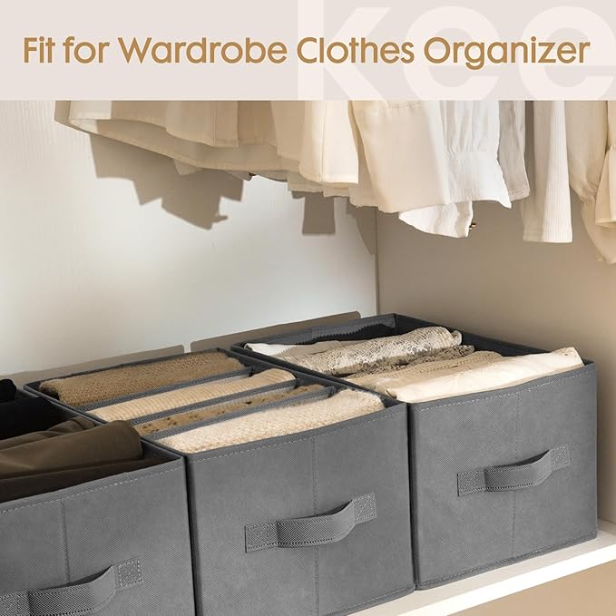 Criusia 6 Pack Large Clothes Organizer, Wardrobe Closet Organizer and Storage with Handles, Foldable Fabric Closet Organizers Dividers for Clothing, Pants, Jeans, Sweater, T-shirts, Grey