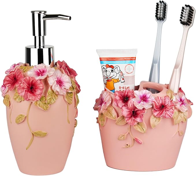 Vintage Bathroom Accessories Set with Flower Decor - Resin -Lotion Hand Soap Dispenser and Toothbrush Holder, 2pcs Pink Bathroom Accessory Set