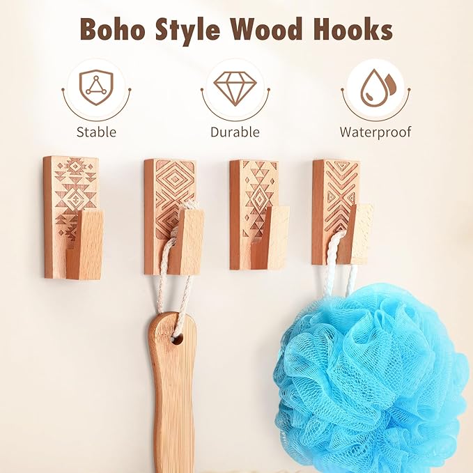 Amyhill 8 Pack Boho Decorative Wood Adhesive Wall Hooks, Boho Wooden Hooks for Hanging Hat, Coat, Jacket - No Damage Wall Mount Towel Hangers Key Holder, Bathroom Kitchen Decor(Classic Color)