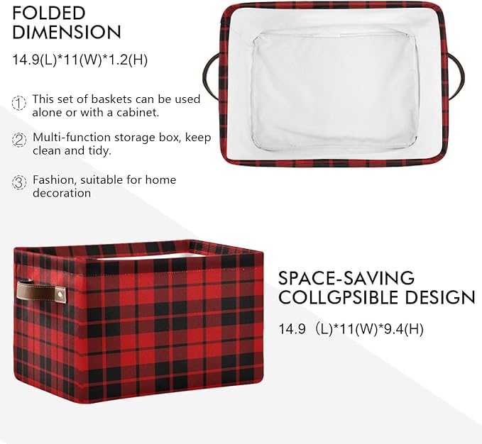AUUXVA Storage Basket Red Black Christmas Buffalo Plaid Check Storage Cube Box Durable Canvas Collapsible Toy Basket Organizer Bin with Handles for Shelf Closet Bedroom Home Office