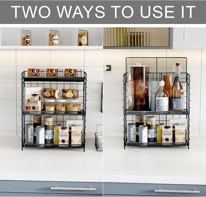 Spice Rack Organizer, 3 Tier Adjustable Height Spice Rack, Installation Free, Foldable Multi-Purpose Storage, Suitable for Kitchen/Bathroom/Home/Office