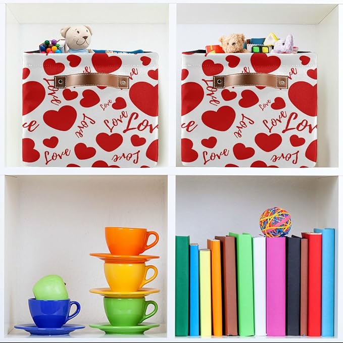 Large Foldable Storage Basket,Valentines Hearts and Love Storage Bin Fabric Collapsible Organizer Bag with Handles 15x11x9.5 inch