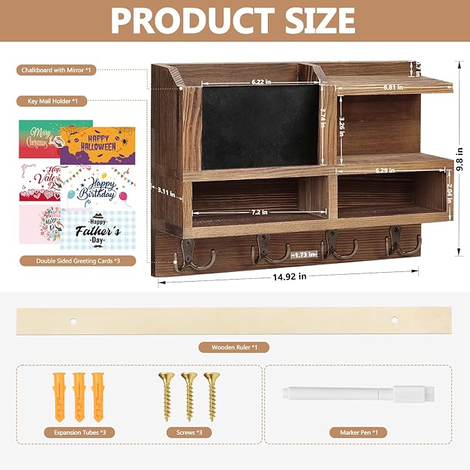 Key Holder Wall Mount, Wooden Mail and Key Organizer with Chalkboard and Mirror, 3 Greeting Cards, 8 Hooks, Brown, Type 2