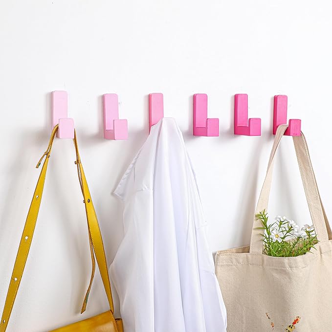 6 Pack Cute Kids Coat Wall Hooks Wooden Adhesive Decorative Colorful Wall Mounted Hangers Backpack Hooks for Hanging Keys Towel Clothes Bathroom Organization(Pink Mixed Color)