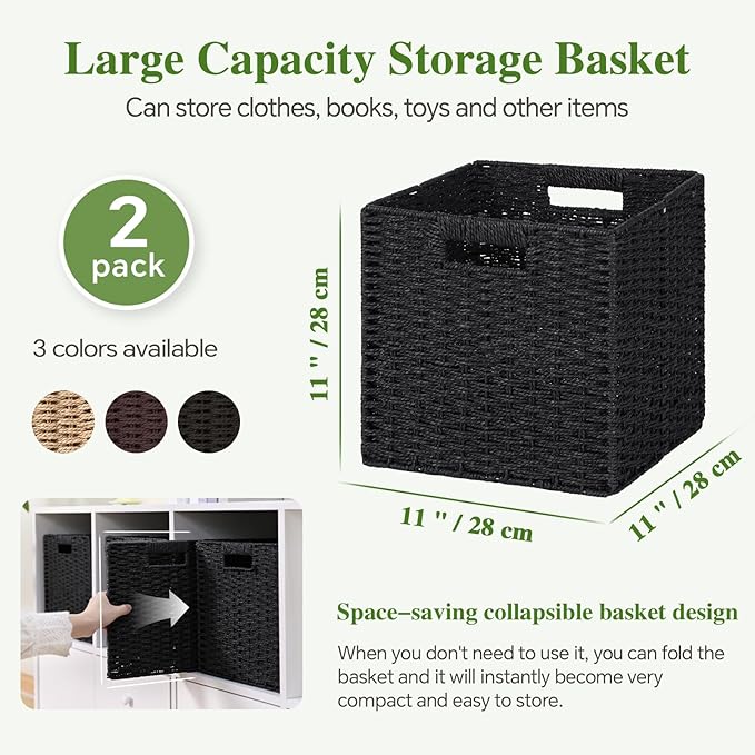 Woven Wicker Storage Baskets 2-Pack, 11x11 Handwoven Paper Rope Organizer Bins, Foldable Cube Storage Cubes with Built-in Handles for Shelves and Closet Organization(Classic Black)