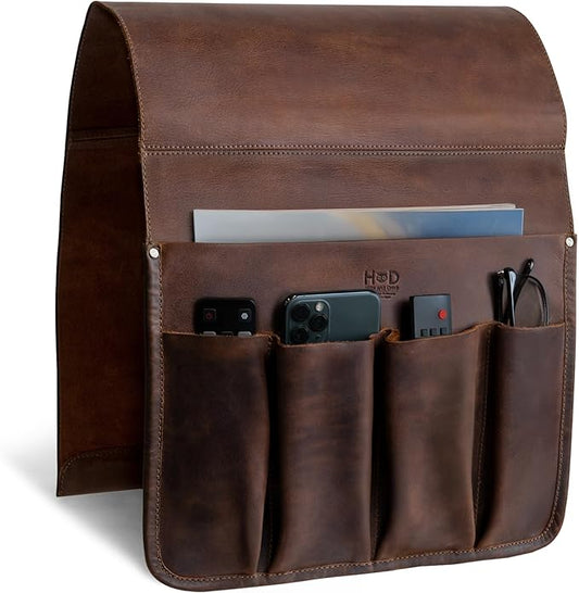 Hide & Drink, Magazine Holder for Sofa Armrest, Organizer Pouch, Armchair Caddy, Full Grain Leather, Handmade (Bourbon Brown)