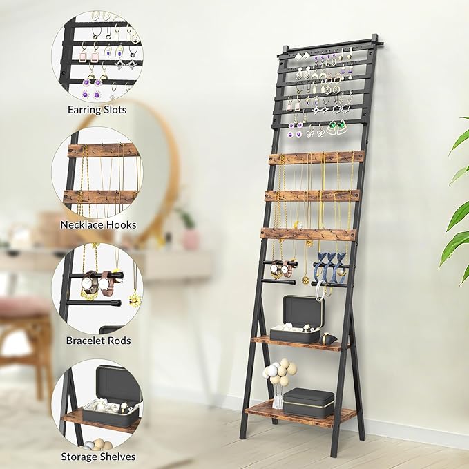 Jewelry Stand Floor Standing Jewelry Holder Organizer Jewelry Organizer Stand with Necklace Holder Earring Organizer Freestanding Jewelry Armoire for Watches, Rings, Bangle