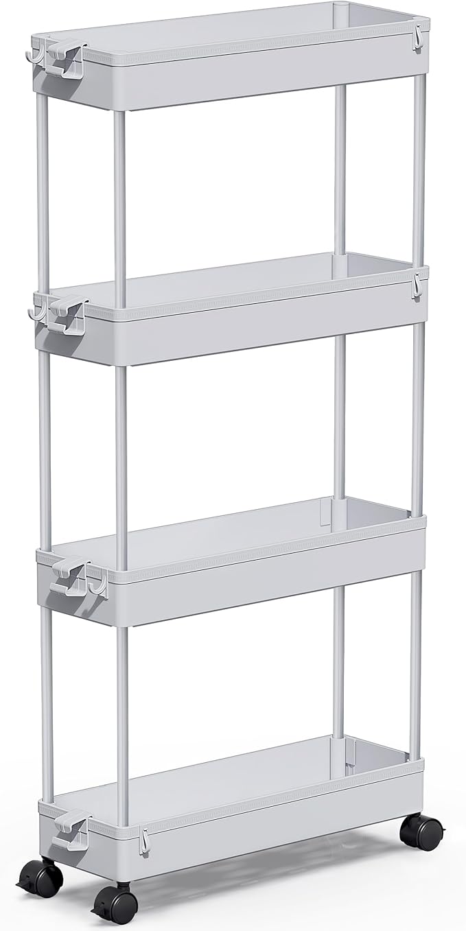 SPACEKEEPER Slim Rolling Storage Cart 4 Tier Bathroom Organizer Mobile Shelving Unit Storage Rolling Utility Cart Tower Rack for Kitchen Bathroom Laundry Narrow Places, Gray