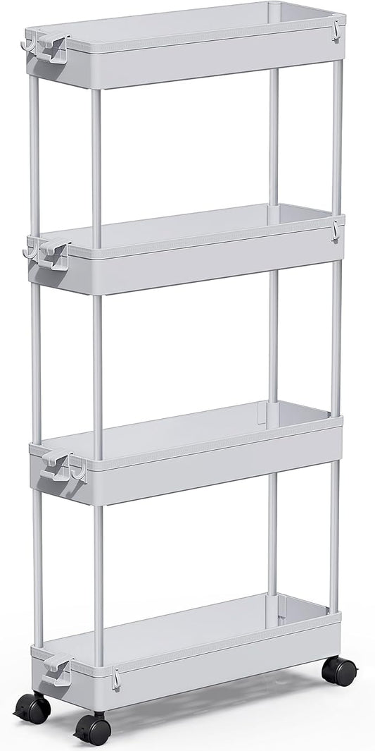 SPACEKEEPER Slim Rolling Storage Cart 4 Tier Bathroom Organizer Mobile Shelving Unit Storage Rolling Utility Cart Tower Rack for Kitchen Bathroom Laundry Narrow Places, Gray
