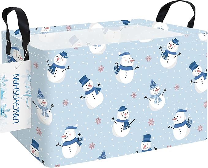 LANGYASHAN Rectangular Christmas Snowman Storage Basket with Handles for Organizing Home Kitchen Boys and Girls Toys Office Closet Shelf Baskets (Rec Christmas Snowman)